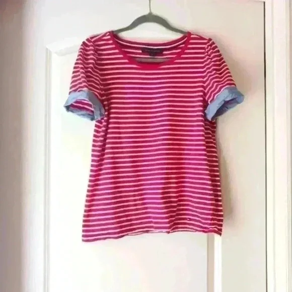 Tommy Hilfiger Tshirt top red white stripe. Denim sleeve trim. - Picture 3 of 8